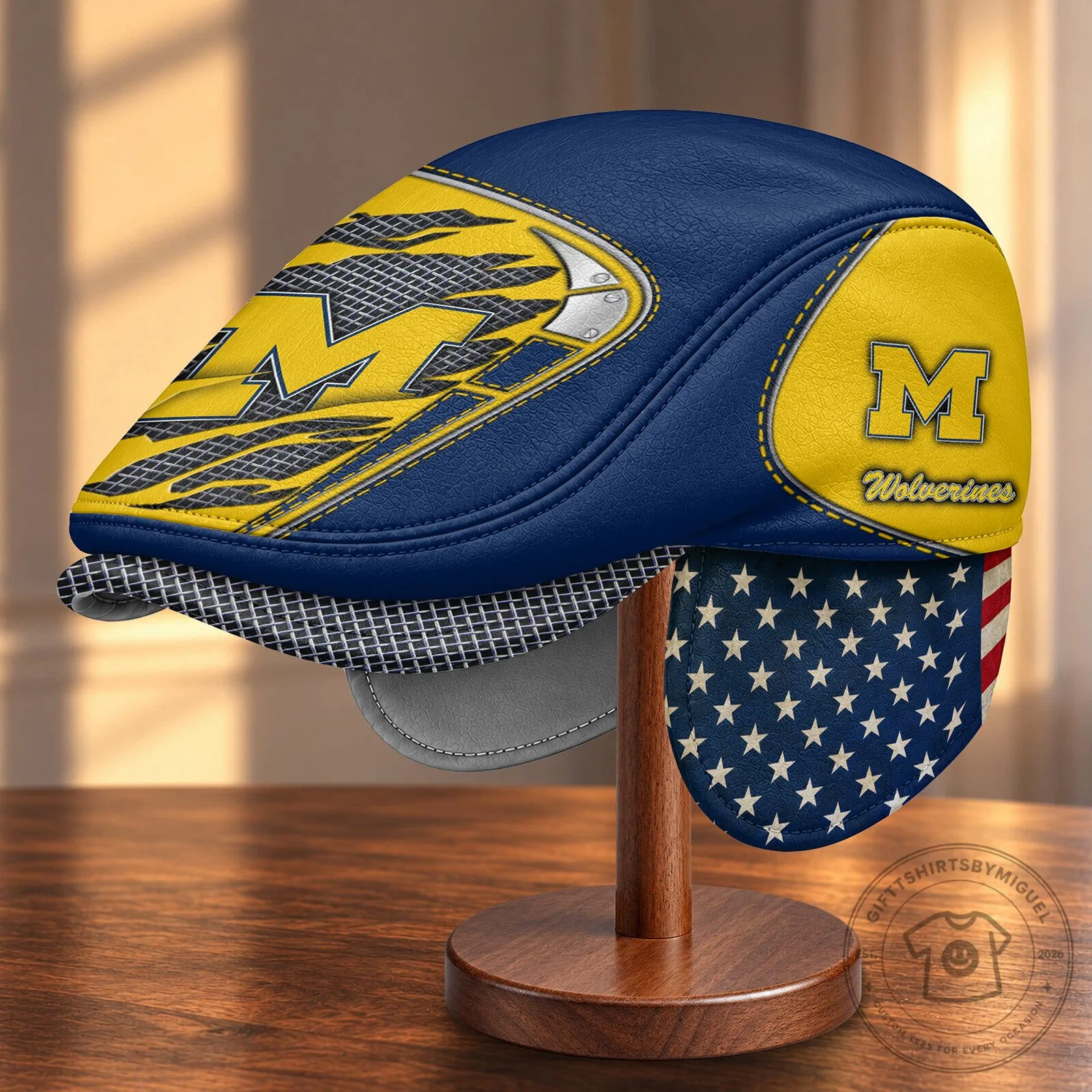Michigan Wolverines NCAA Flat Cap with Foldable Ear Flaps and American Flag
