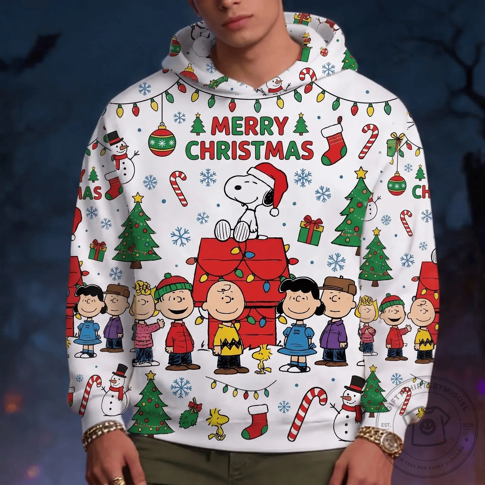 Snoopy Peanuts Gang Merry Christmas Holiday White Hoodie