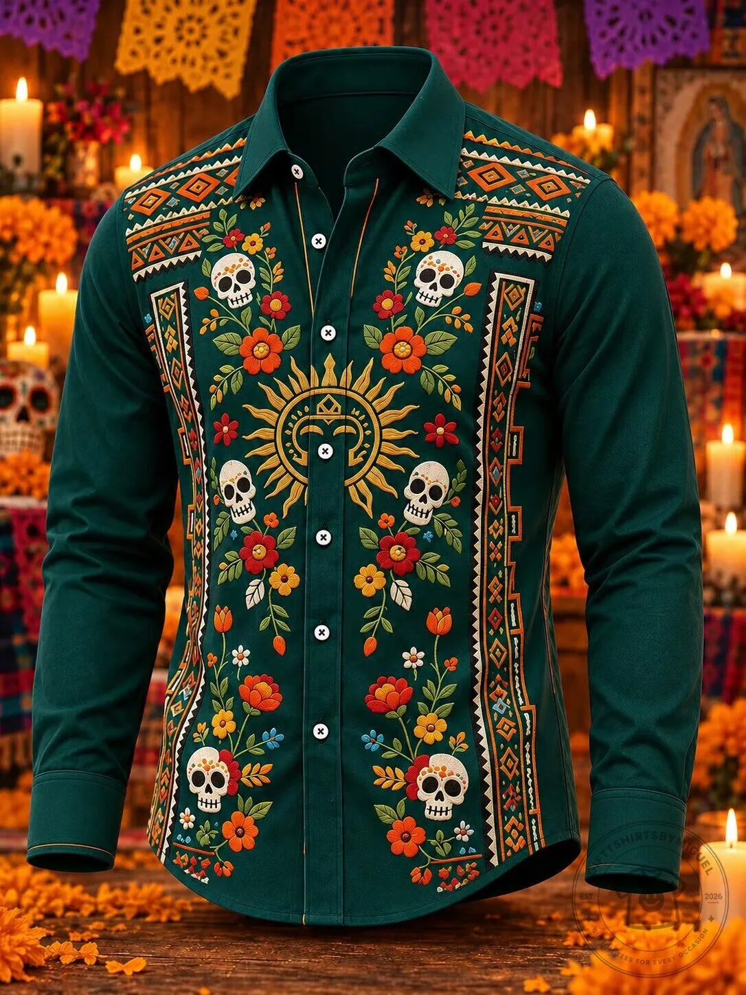 Floral Print Long Sleeve Button Down Shirt with Day of the Dead Sugar Skull Design 1 Floral Print Long Sleeve Button Down Shirt with Day of the Dead Sugar Skull Design