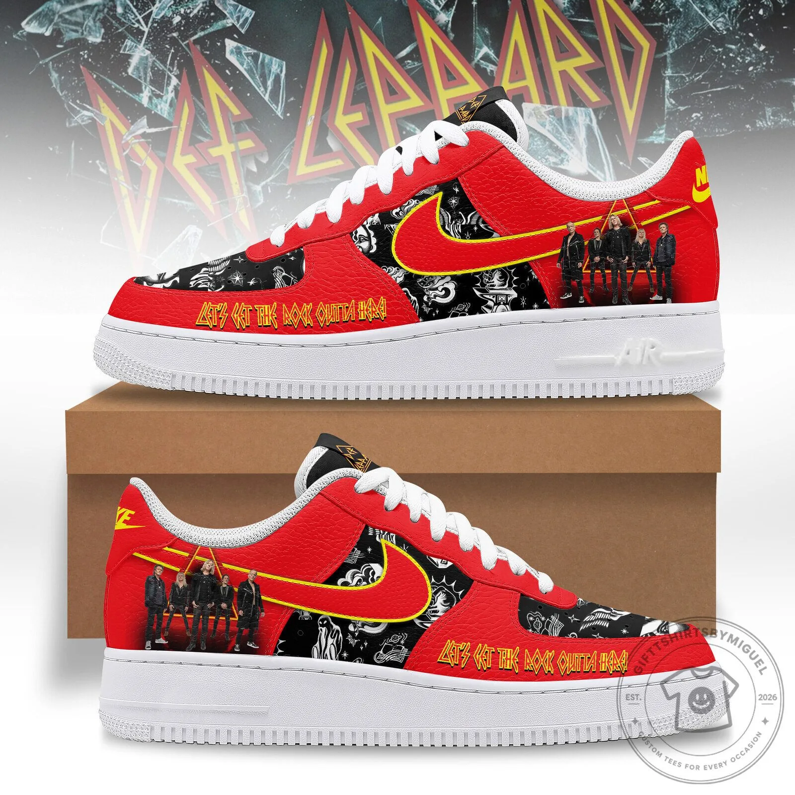 Def Leppard Let's Get Rocked Outta Here Red and Black Custom Shoes