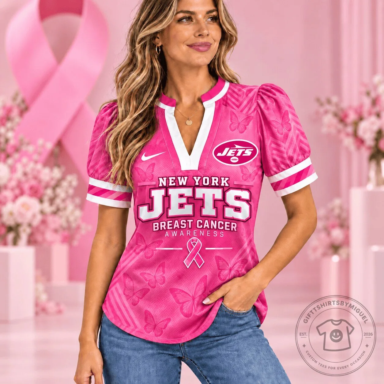 New York Jets Breast Cancer Awareness Pink Butterfly Women's V-Neck T-Shirt