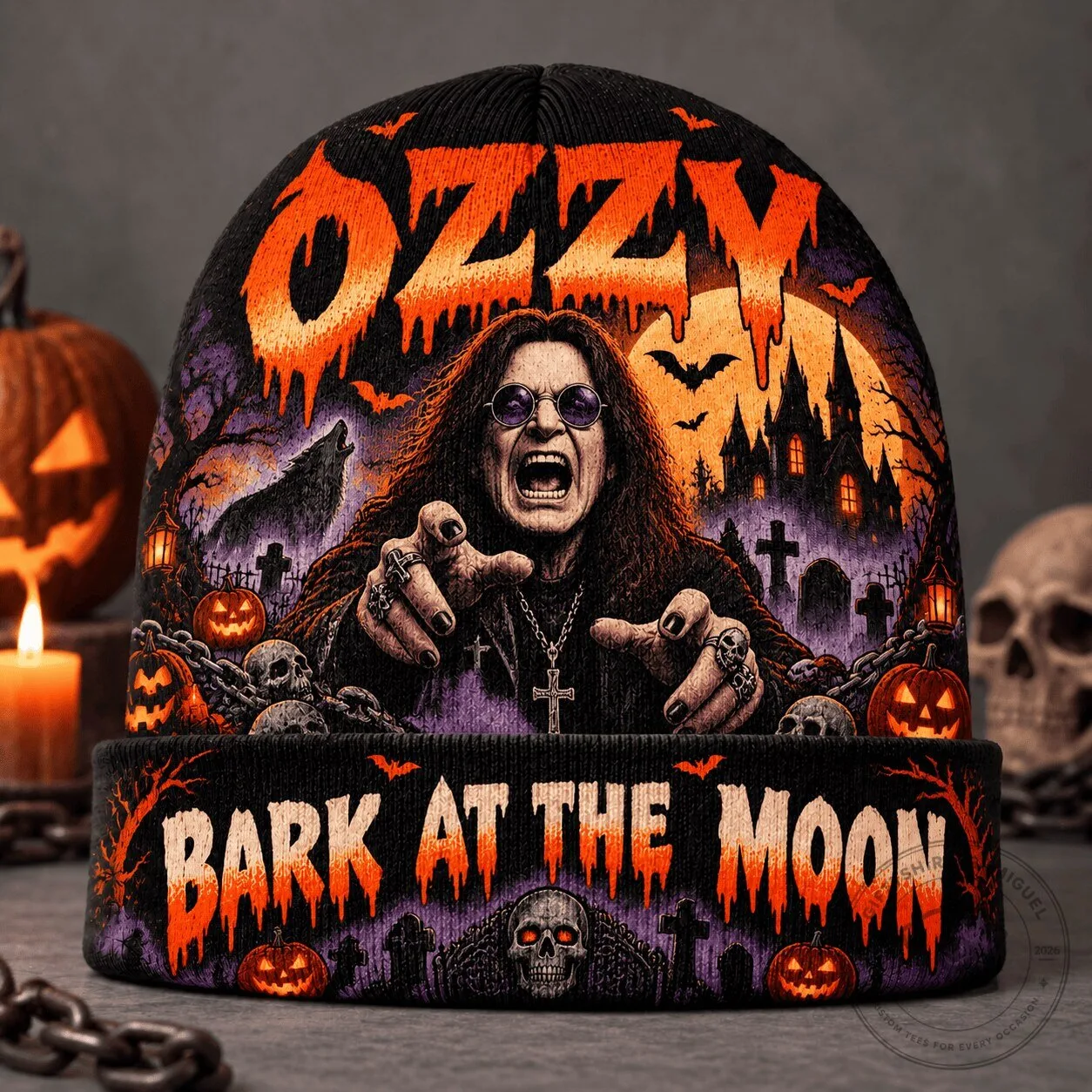 Ozzy Osbourne Bark At The Moon Halloween Rock Music Knit Beanie Hat