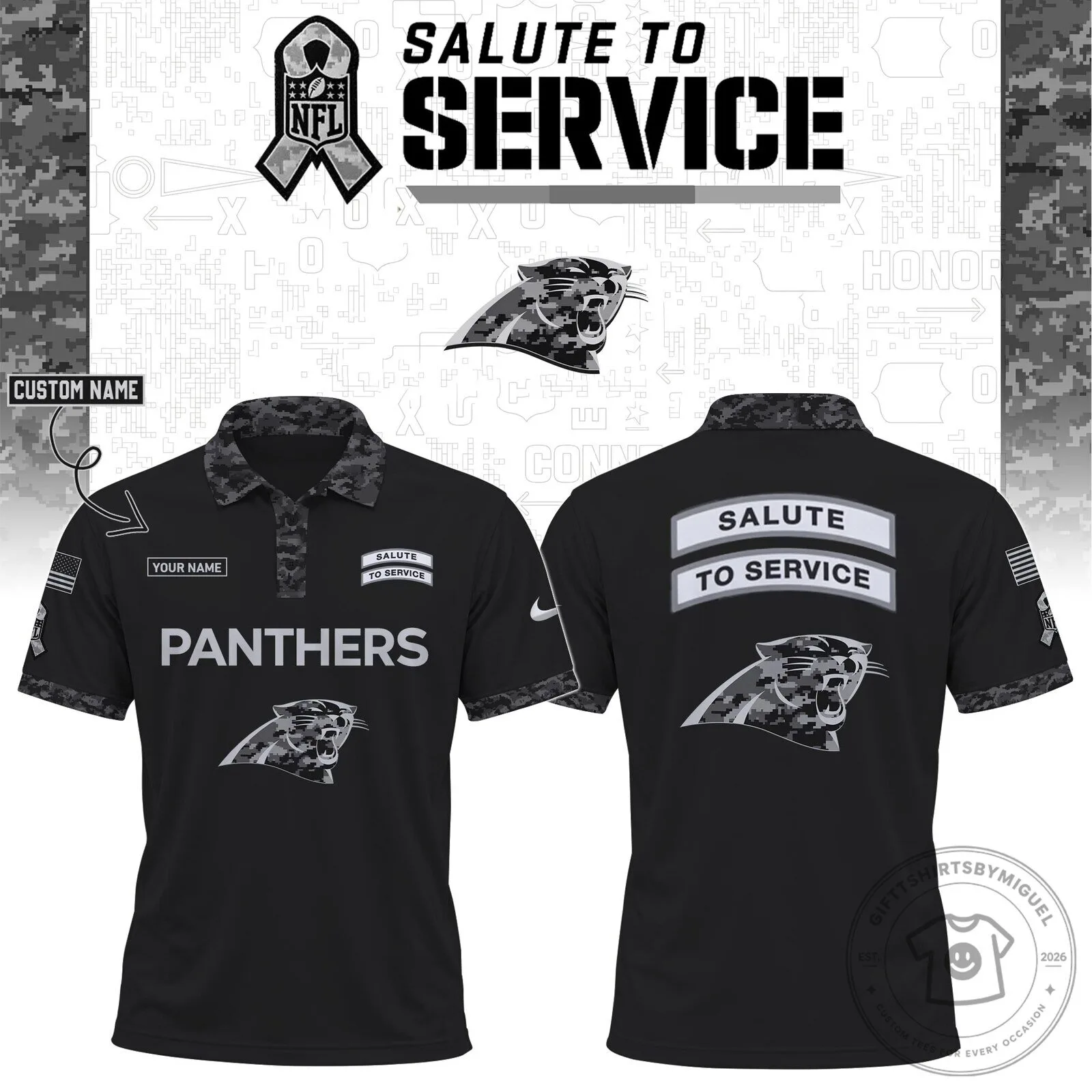 Carolina Panthers Salute to Service Black Camouflage NFL Polo Shirt