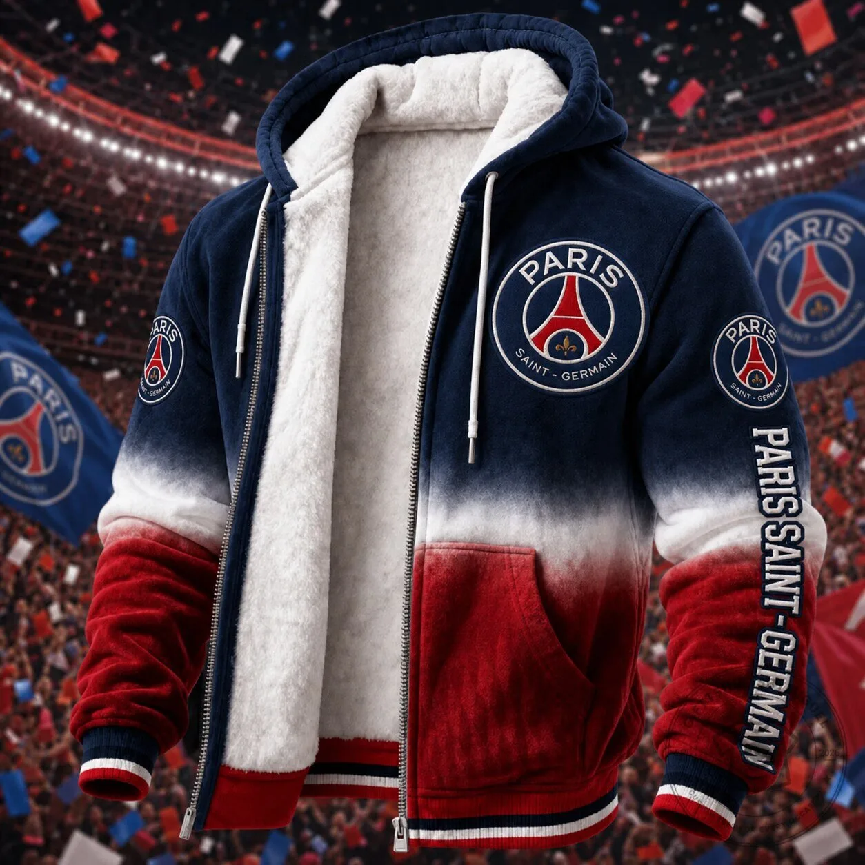 Paris Saint-Germain Football Club Navy Blue Red Gradient Fleece Lined Zip-Up Hoodie