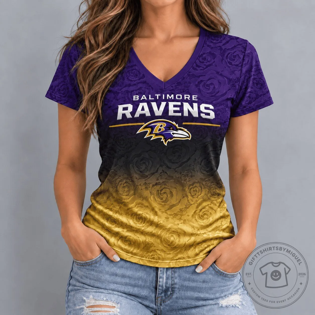 Baltimore Ravens Football Team Rose Ombre Womens V-Neck T-Shirt
