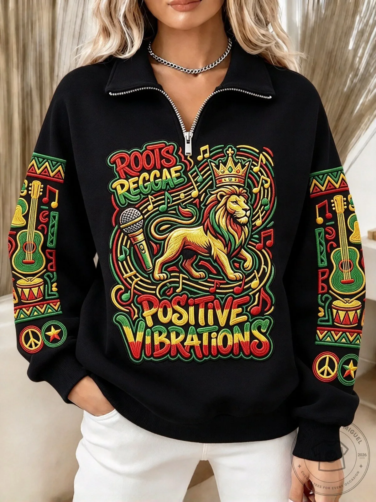 Roots Reggae Positive Vibrations Lion Music Quarter Zip Sweatshirt
