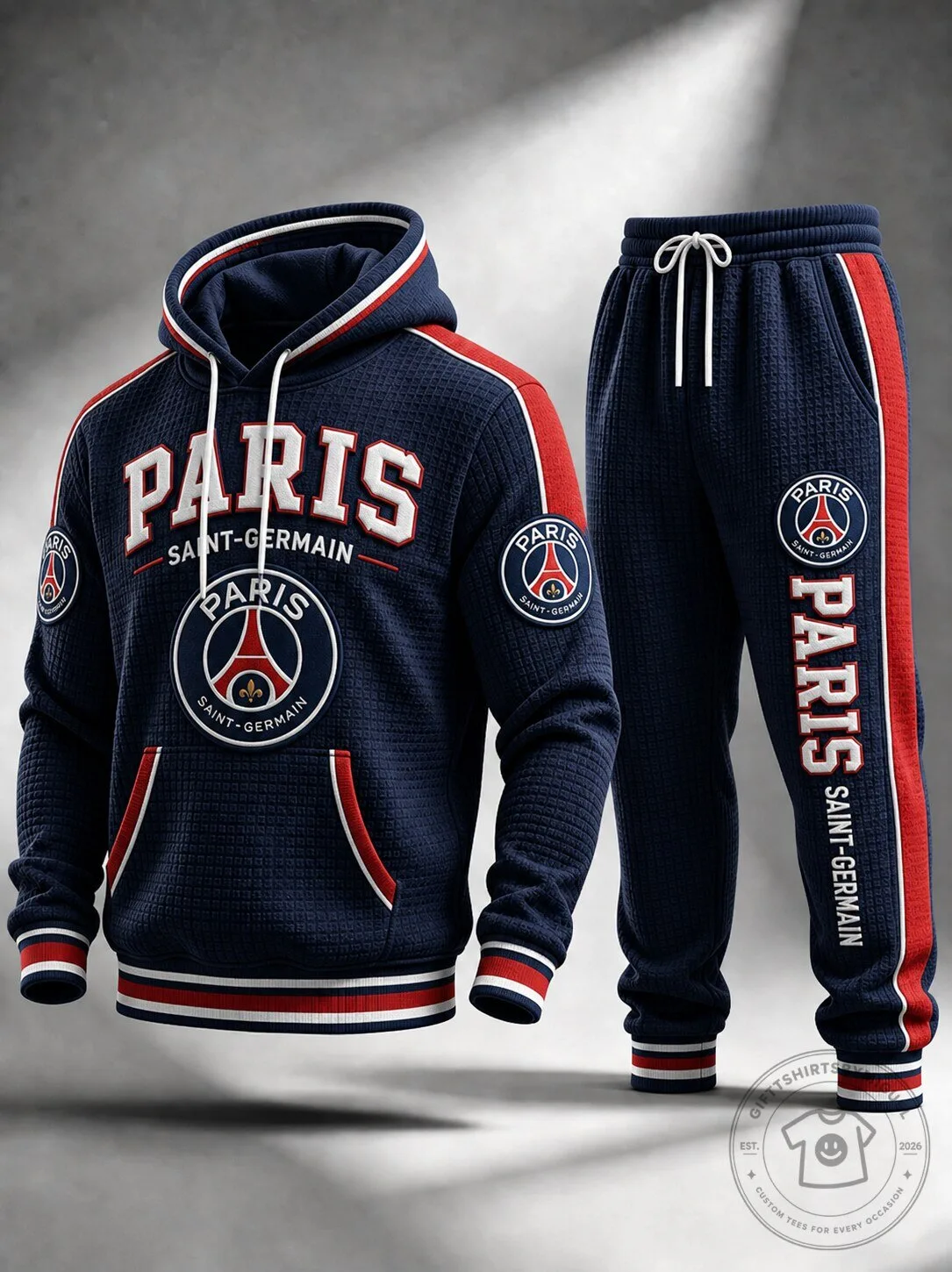 Paris Saint-Germain Football Club Navy Blue Waffle Knit Hoodie and Sweatpants Set