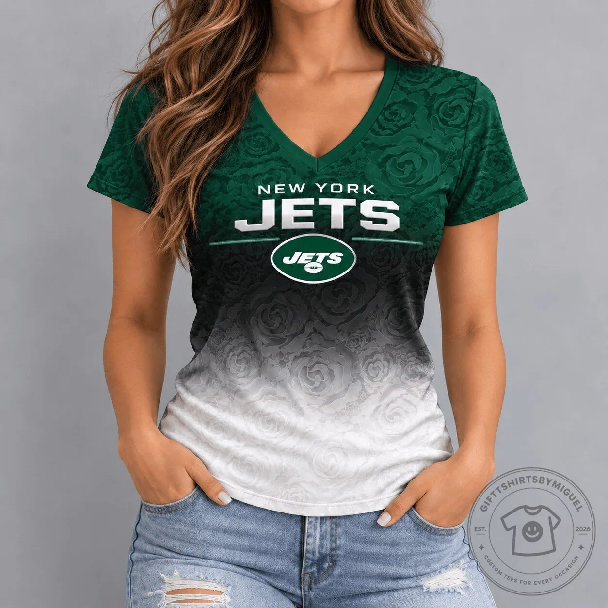 New York Jets Ombre Rose Pattern Women's V-Neck T-Shirt
