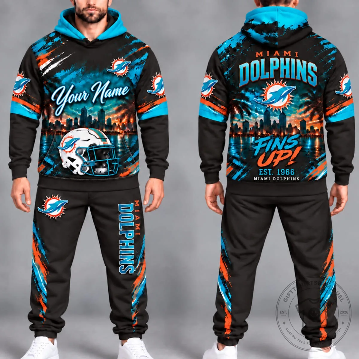 Miami Dolphins Football Team Grunge Skyline Hoodie and Jogger Set