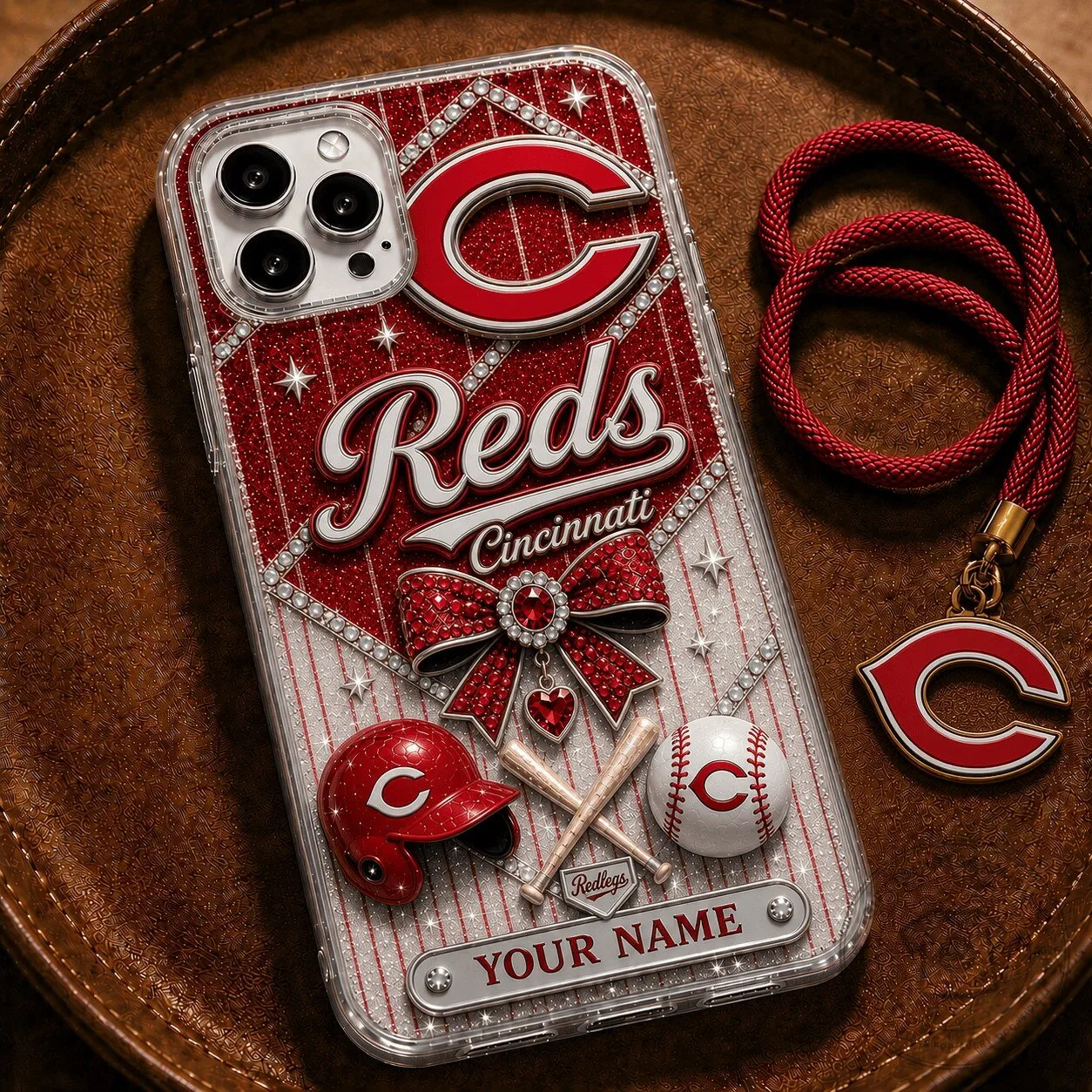 Cincinnati Reds Baseball Glitter Custom Name Phone Case for iPhone and Samsung