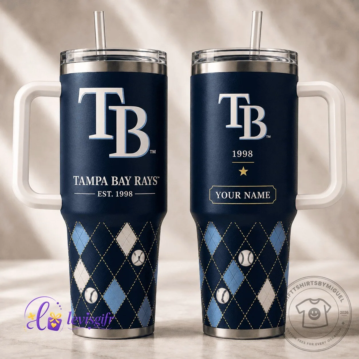 Tampa Bay Rays Baseball Team Personalized Navy Blue Argyle Pattern Tumbler