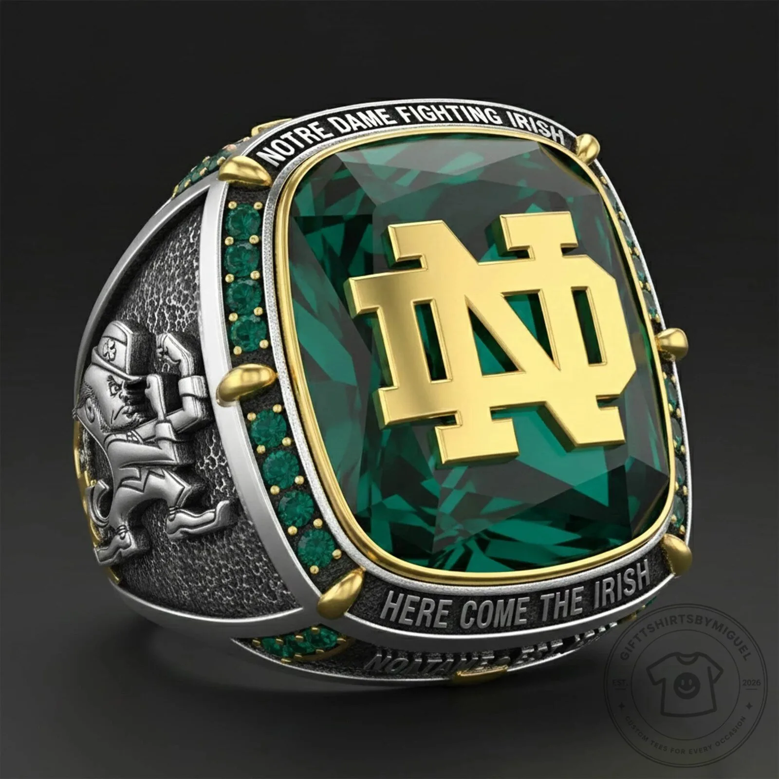 Notre Dame Fighting Irish Emerald Gold Tone College Football Ring
