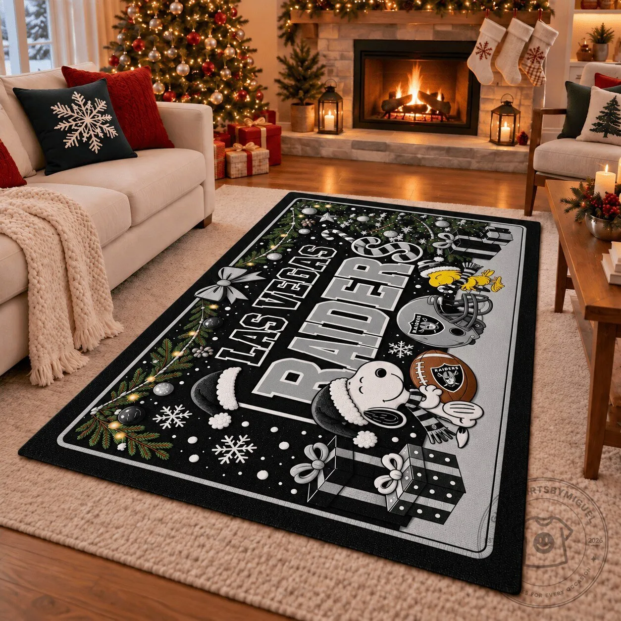 Las Vegas Raiders Snoopy Christmas Holiday Area Rug