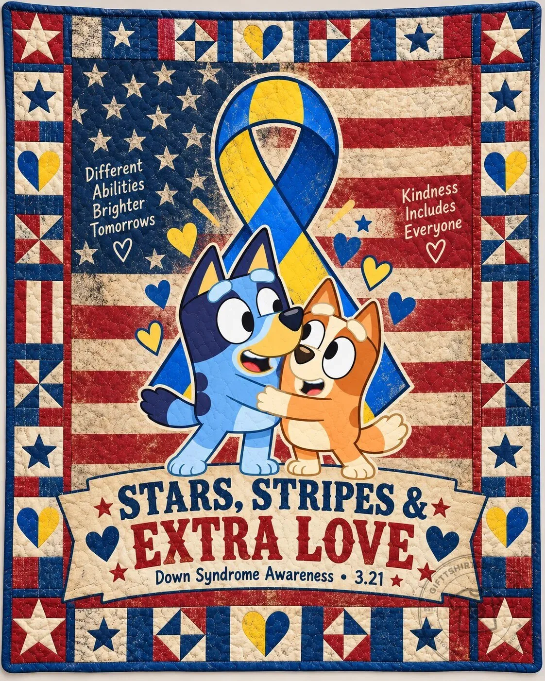 Bluey Down Syndrome Awareness Stars Stripes Extra Love Quilt Blanket