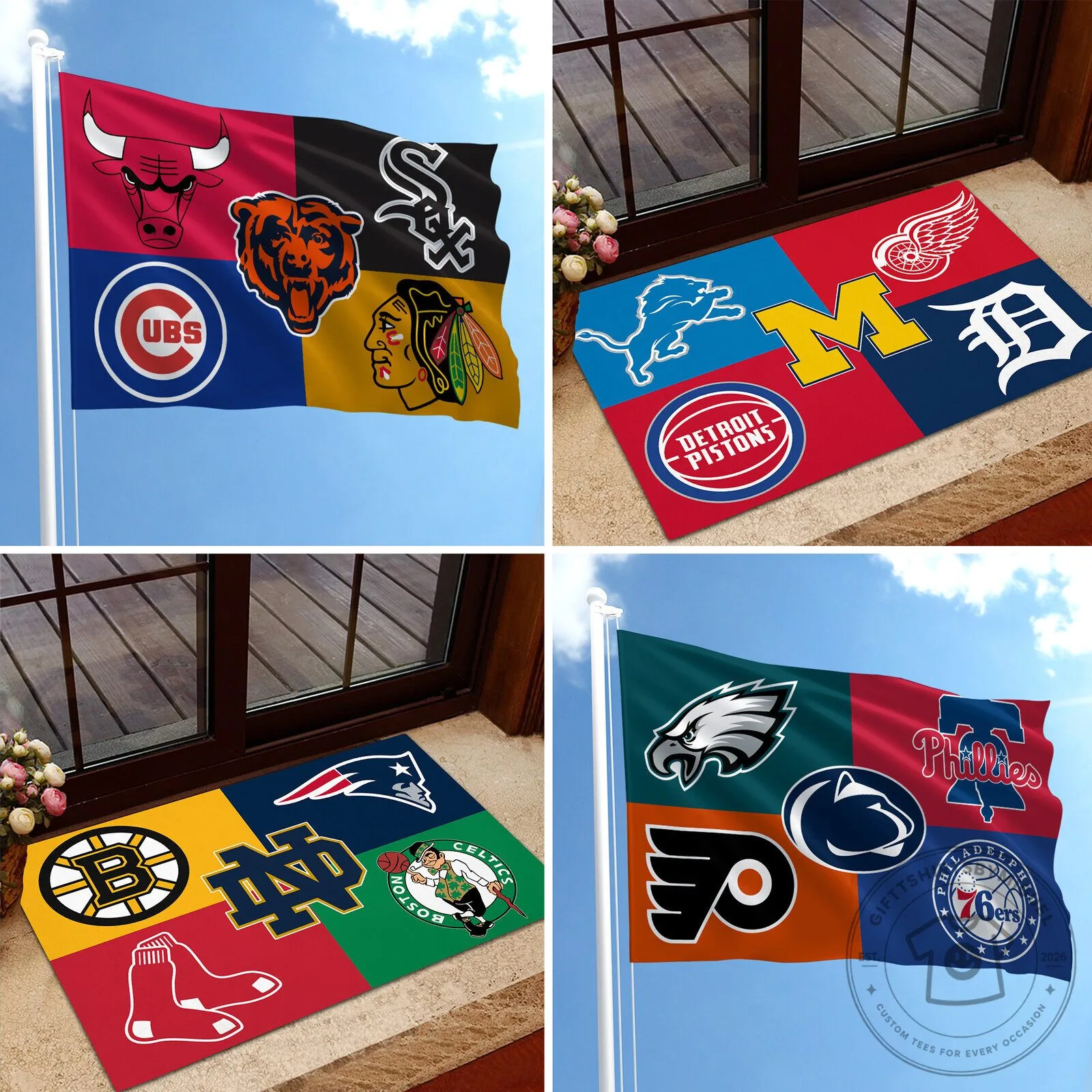 Chicago Sports Teams Mashup Flag, Chicago Cubs, Bears, White Sox, Blackhawks Flag