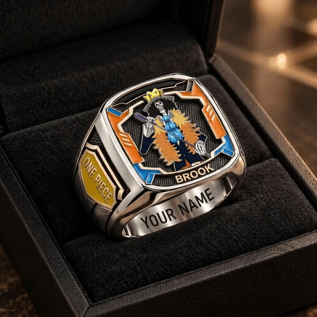 One Piece Brook Custom Engraved Anime Skull Musician Ring