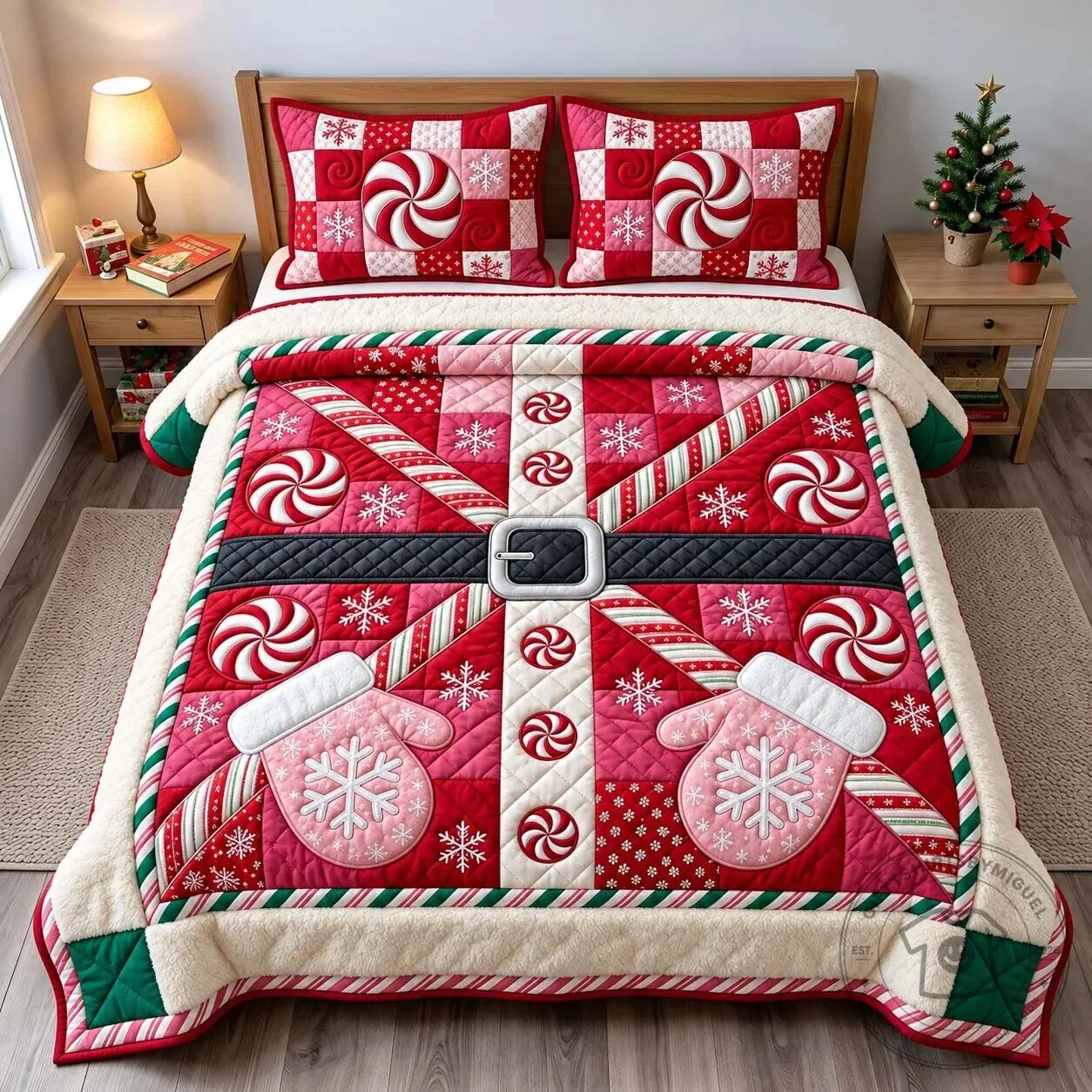 Christmas Peppermint Candy Santa Belt Quilted Bedding Set