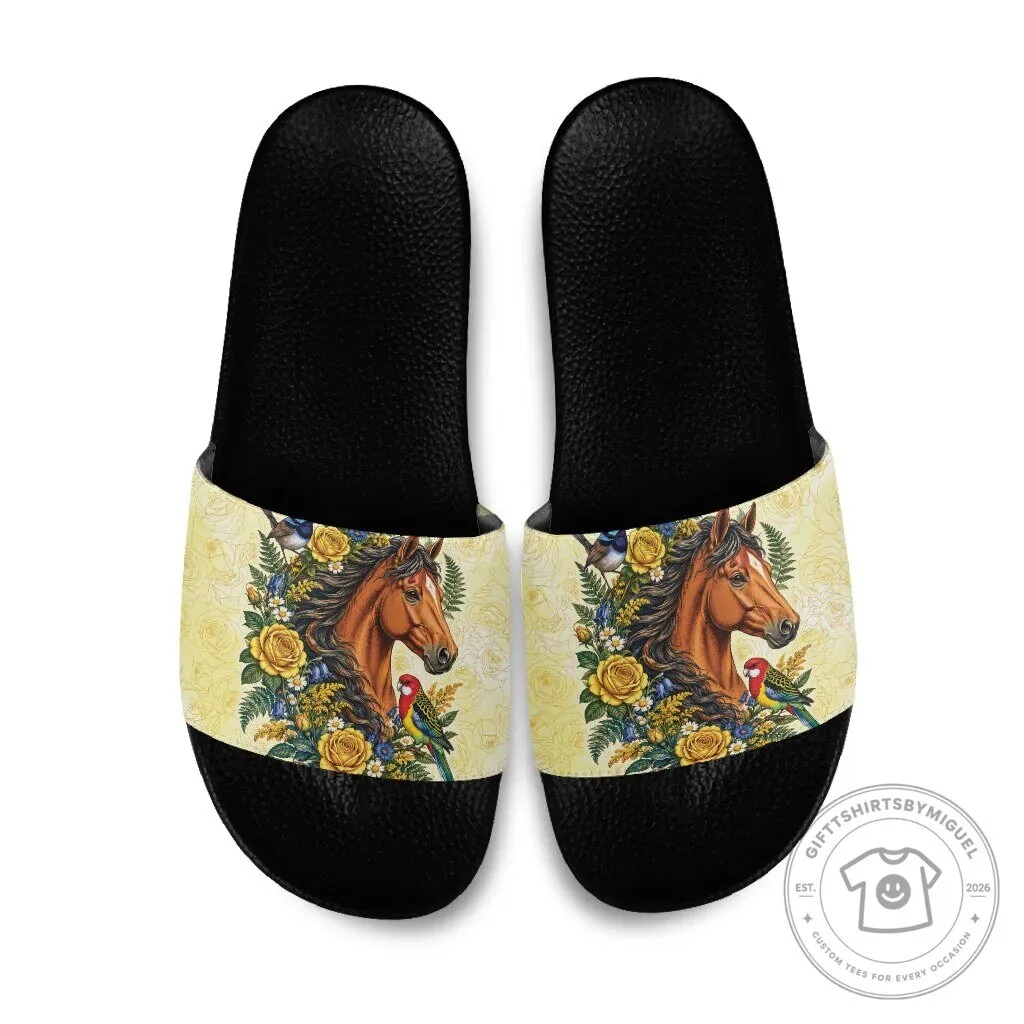 Melbourne Horse Yellow Rose Wreath Slide Sandals Aussie Blue Wren and Rosella Parrot