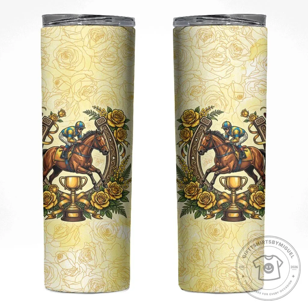 Melbourne Horse Race Yellow Rose Floral Horseshoe Jockey Tumbler