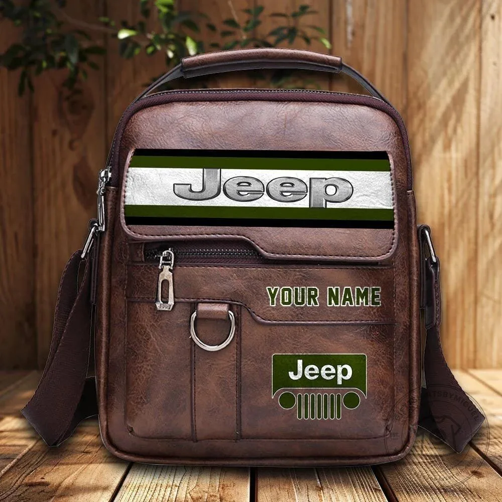 Jeep Custom Name Brown Leather Crossbody Bag, Zipper Shoulder Purse