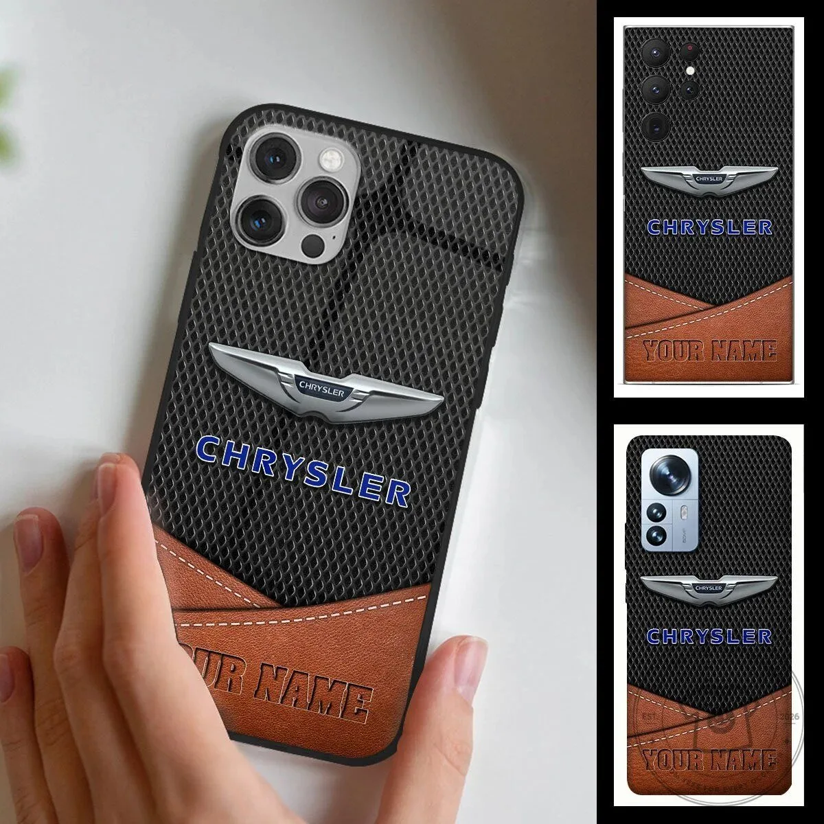 Custom Chrysler Logo and Name Black Textured Leather Phone Case