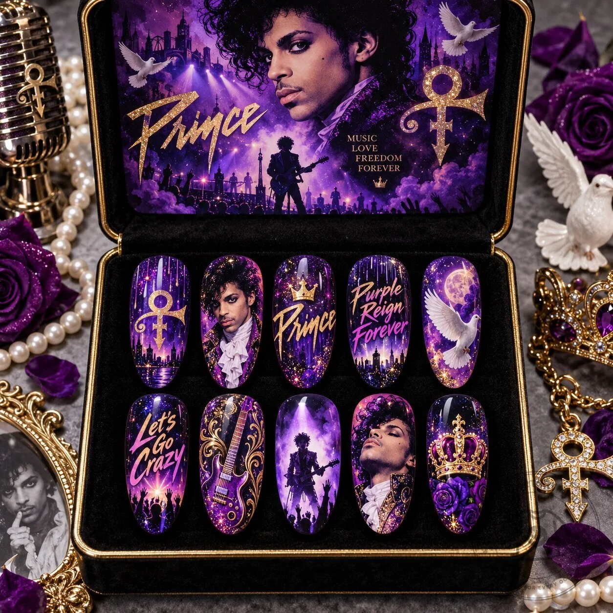 Prince Purple Rain Love Symbol Press-On Nails Set for Pop Music Fans