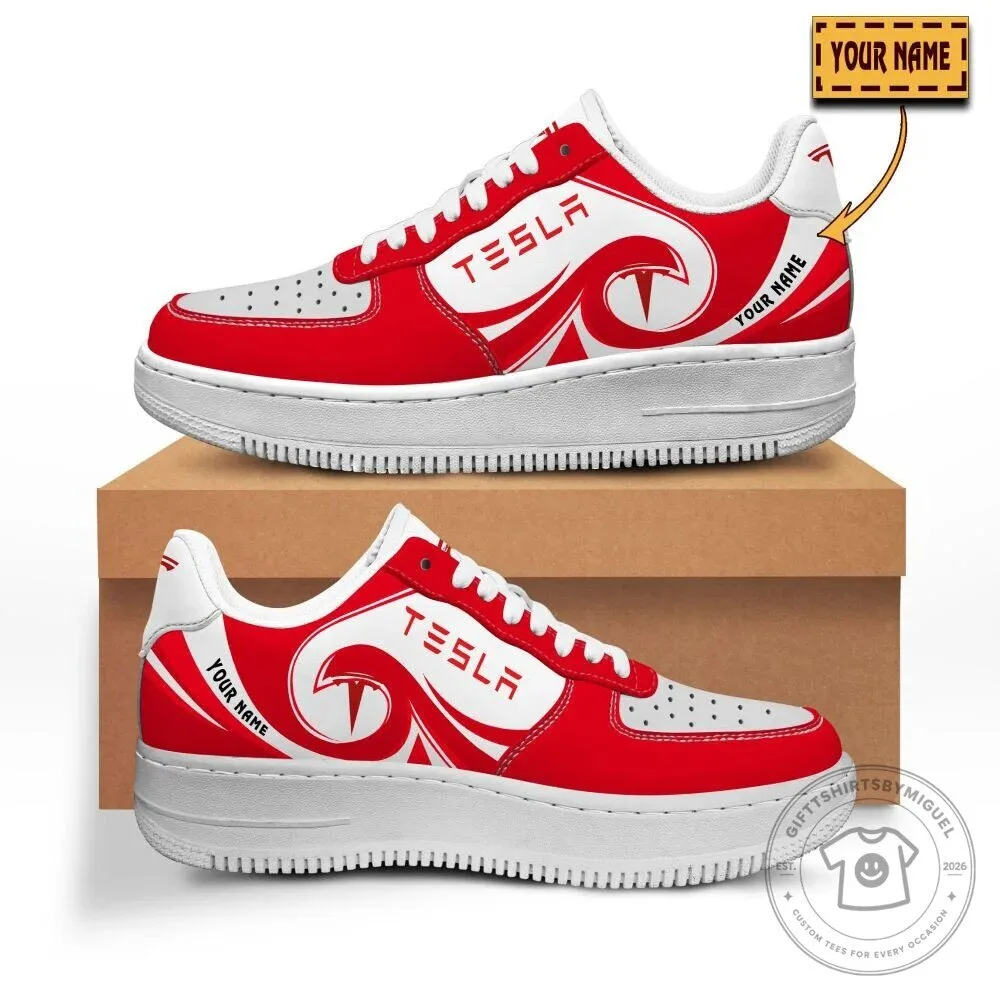 Tesla Red and White Custom Name Fashion Casual Air Force 1 Sneakers