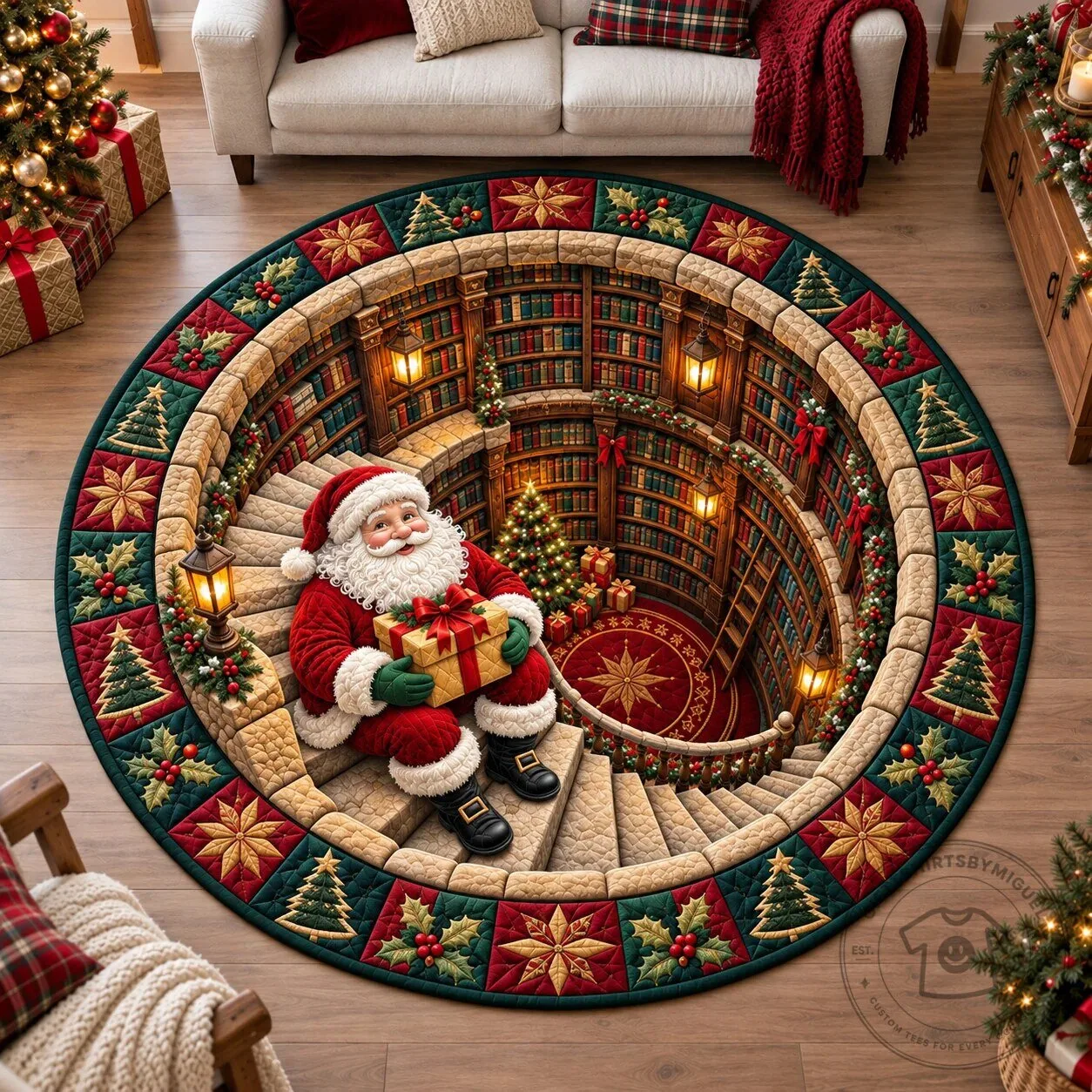 Santa Claus Christmas Library Staircase Round Rug