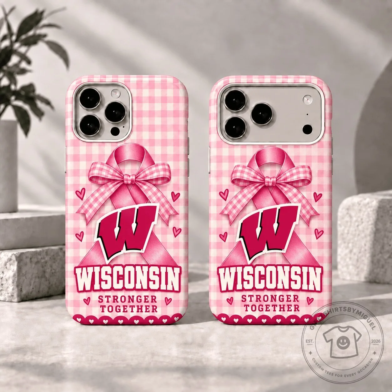 Wisconsin Badgers Breast Cancer Awareness Pink Gingham Phone Case