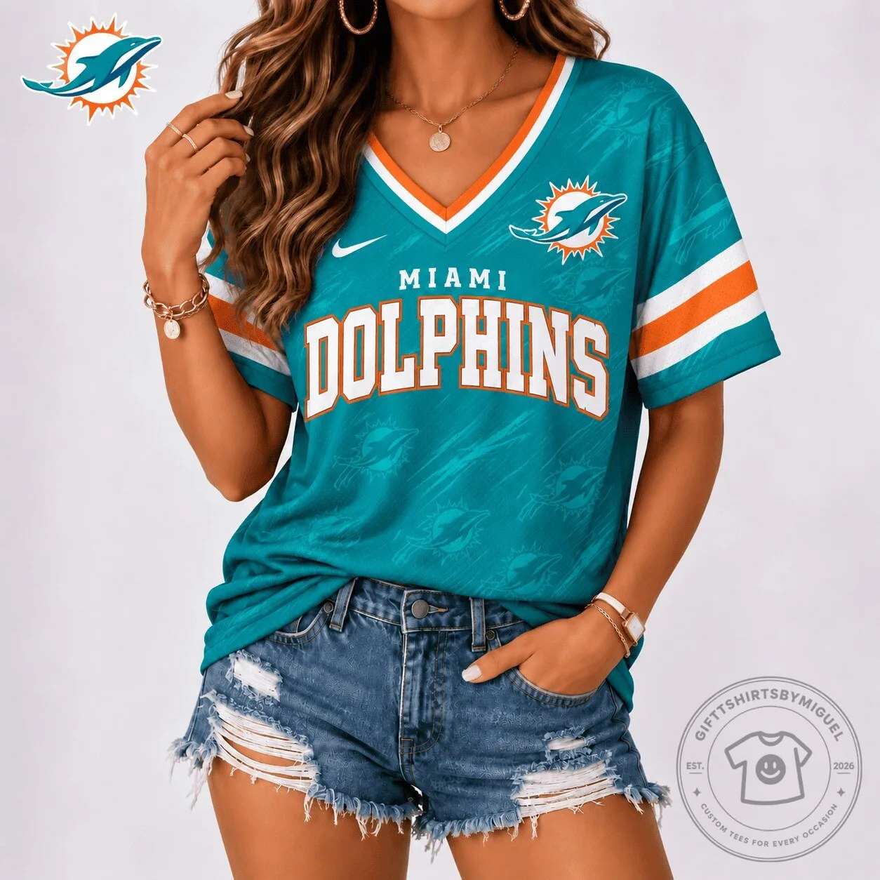 Miami Dolphins NFL Team Shirt Women’s V-Neck Football Fan Apparel