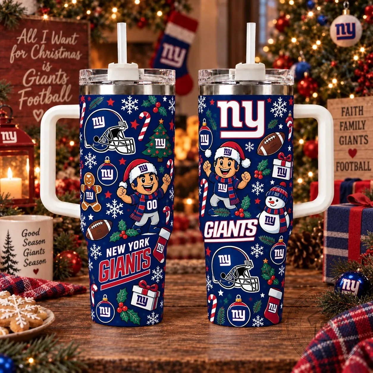 New York Giants Christmas Holiday Football Team Fan Stainless Steel Tumbler