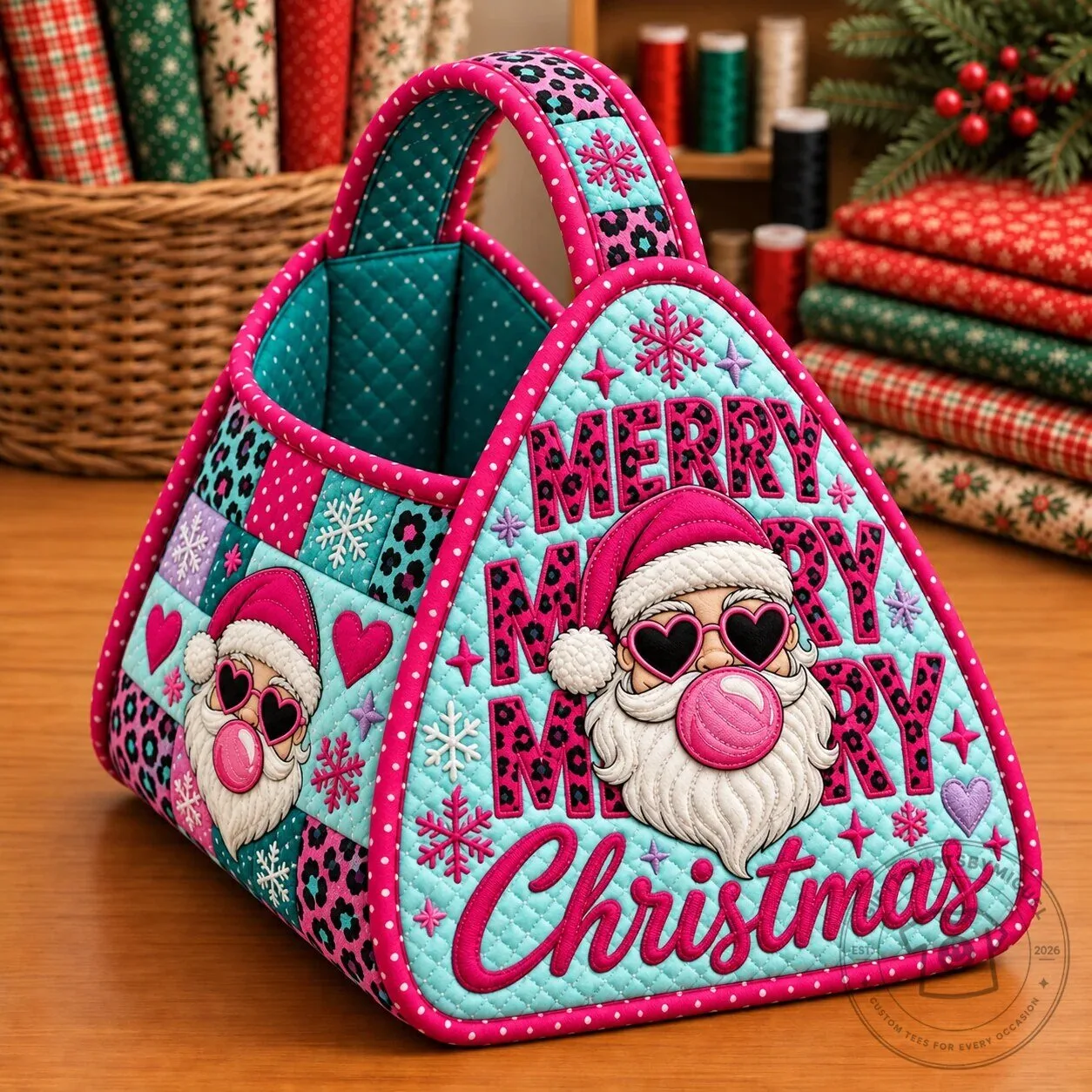Merry Christmas Pink Leopard Santa Quilted Storage Basket