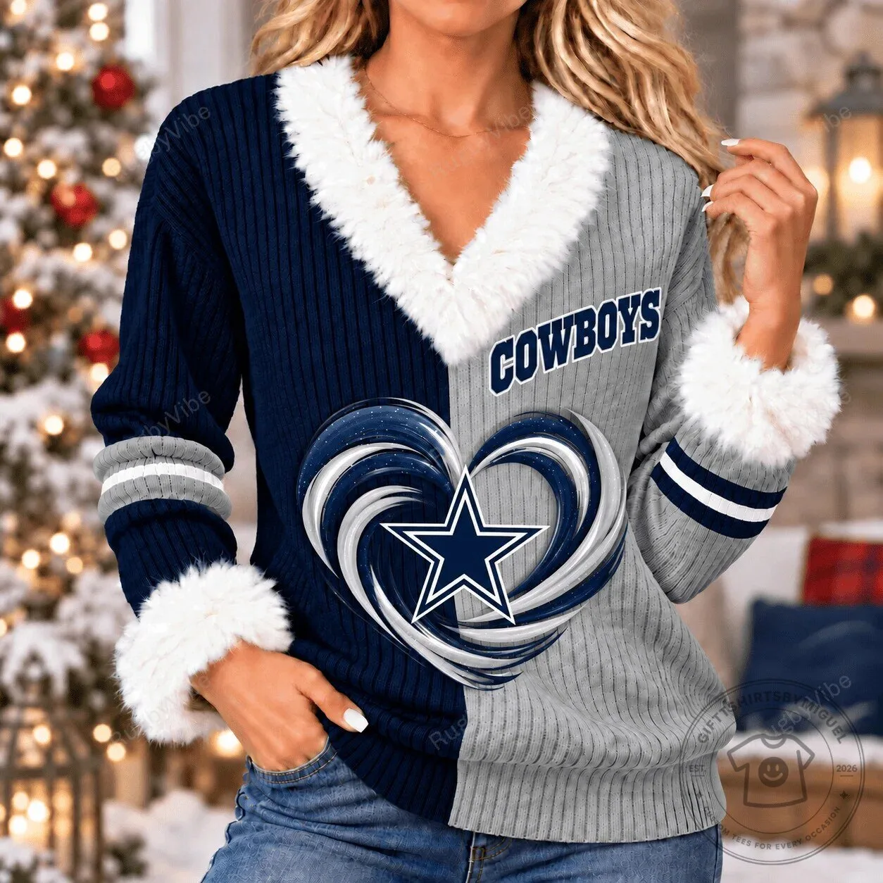 Dallas Cowboys Heart Logo Split Color Faux Fur Trim Christmas Sweater