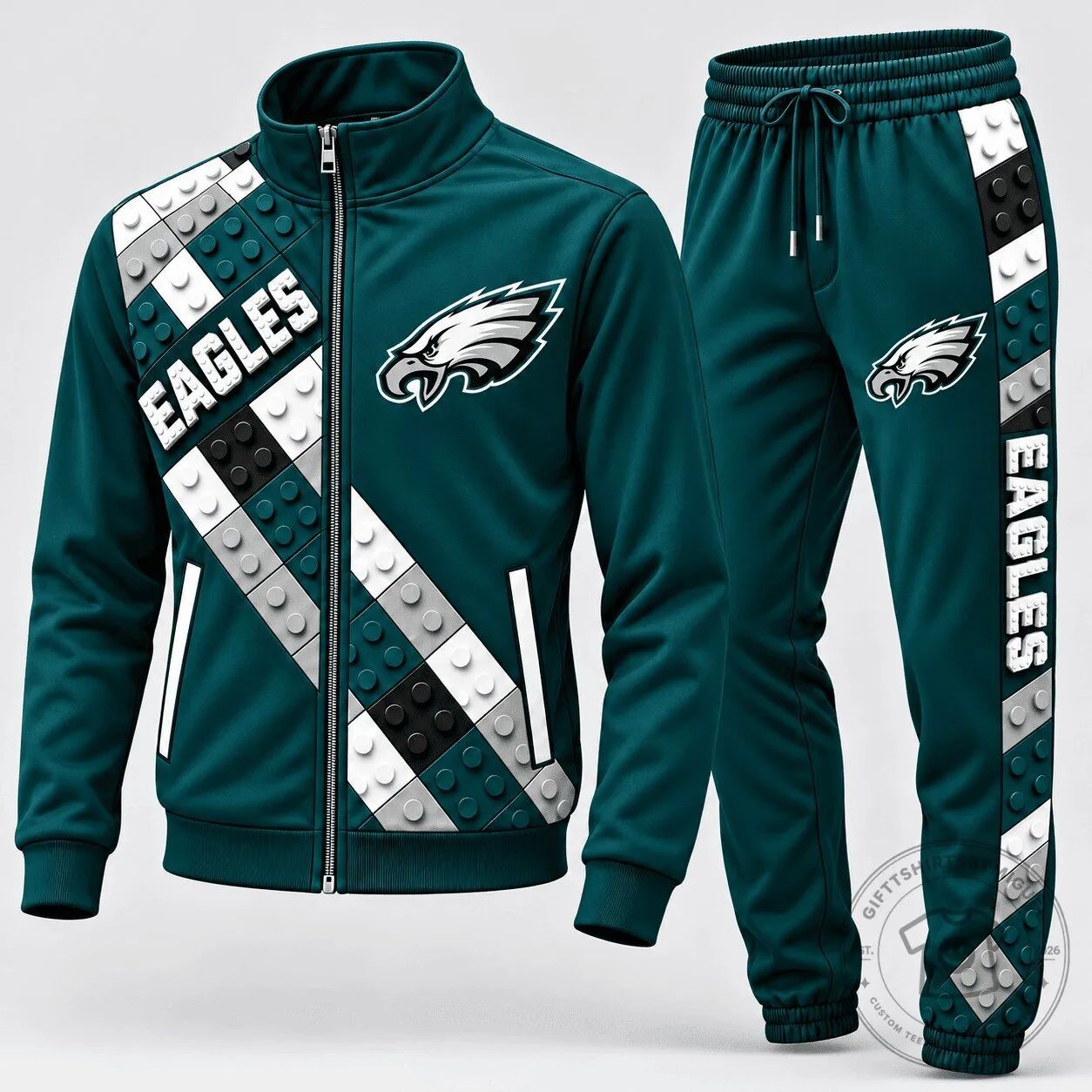 Philadelphia Eagles Football Team Block Fusion Tracksuit Jacket and Pants Set