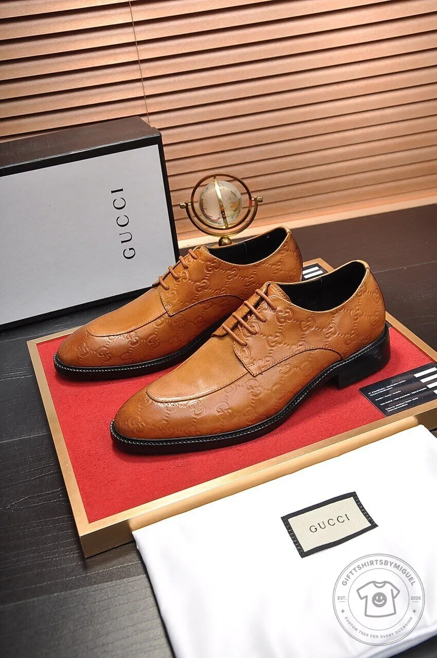 Gucci Brown Leather Embossed Logo Oxford Dress Shoes for Men