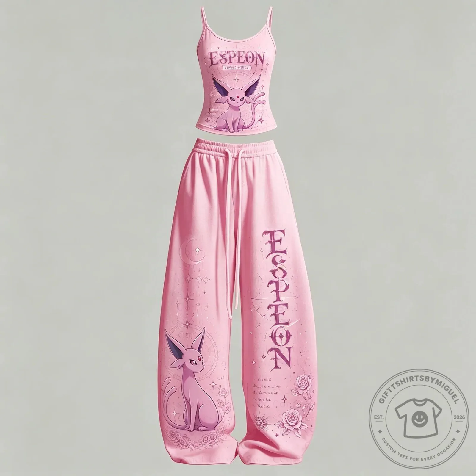 Espeon Pokemon Cute Pink Crop Top and Wide Leg Sweatpants Set