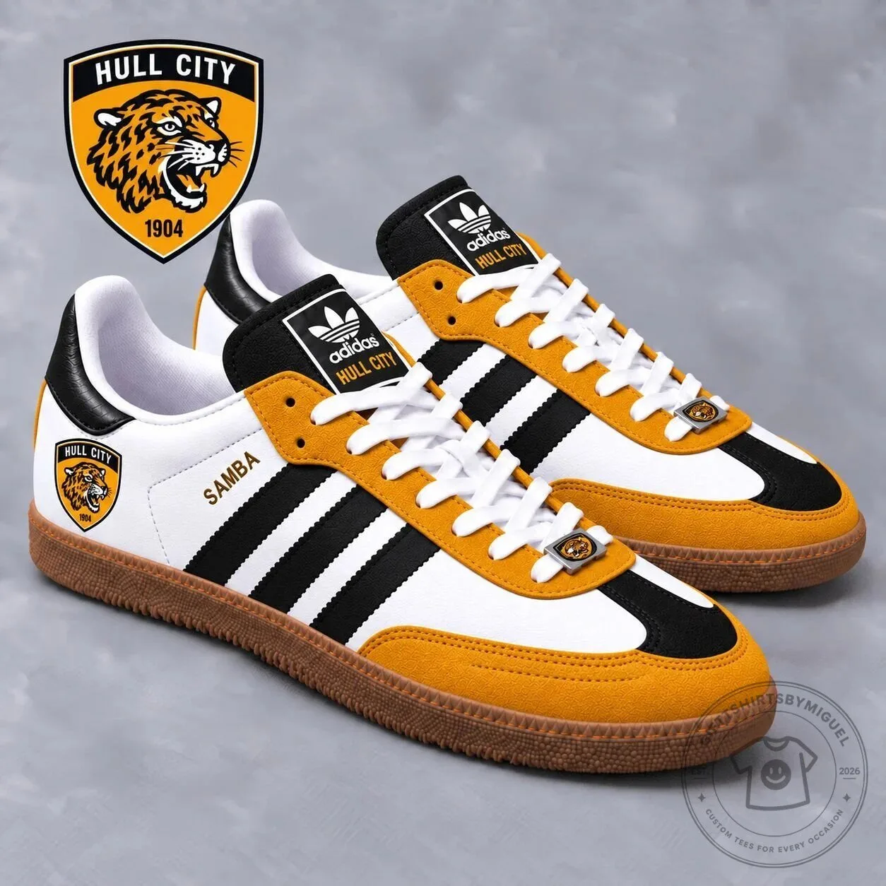 Hull City Football Club Team Logo White and Gold Samba Sneakers Shoes
