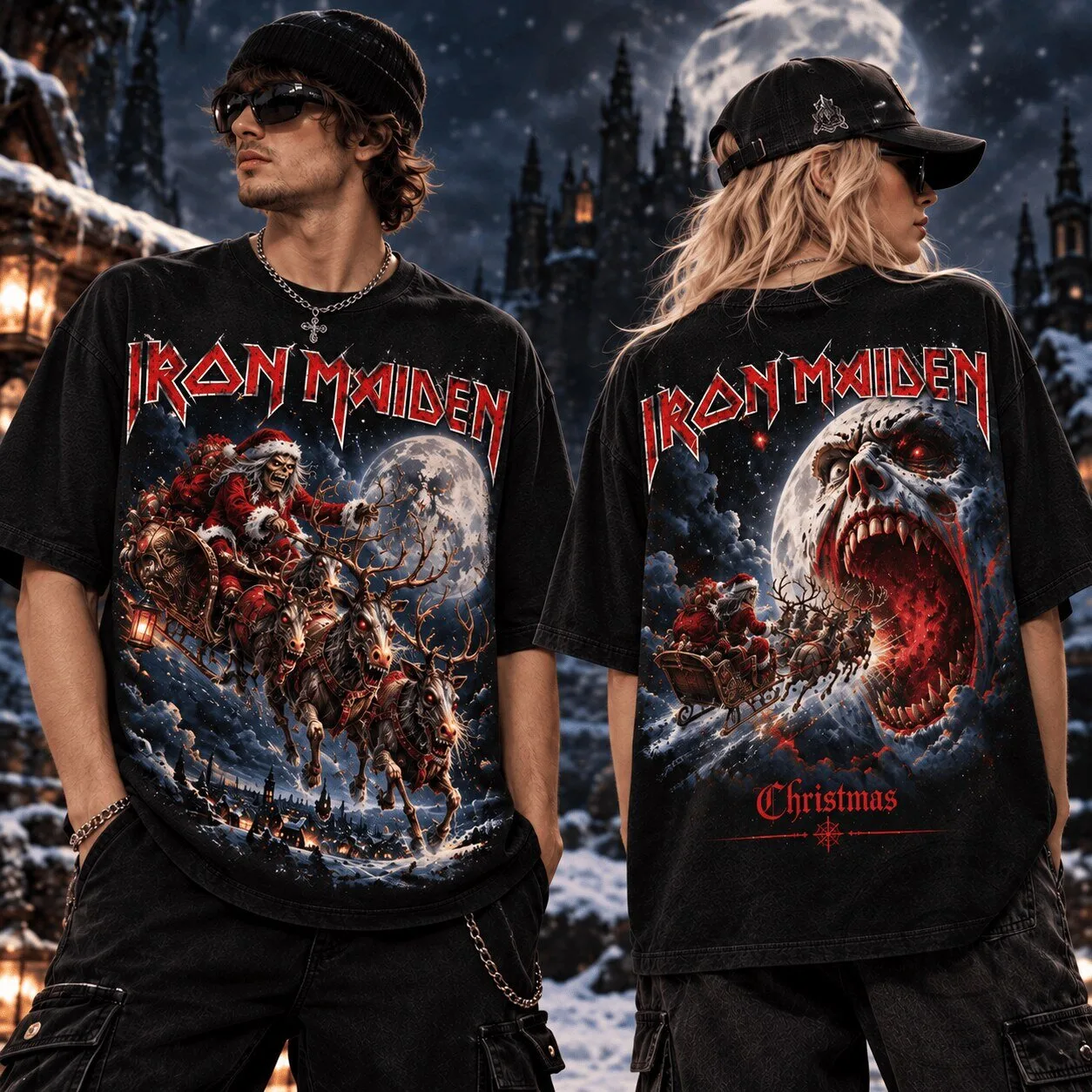 Iron Maiden Eddie Evil Santa Zombie Reindeer Sleigh Gothic Christmas T-Shirt
