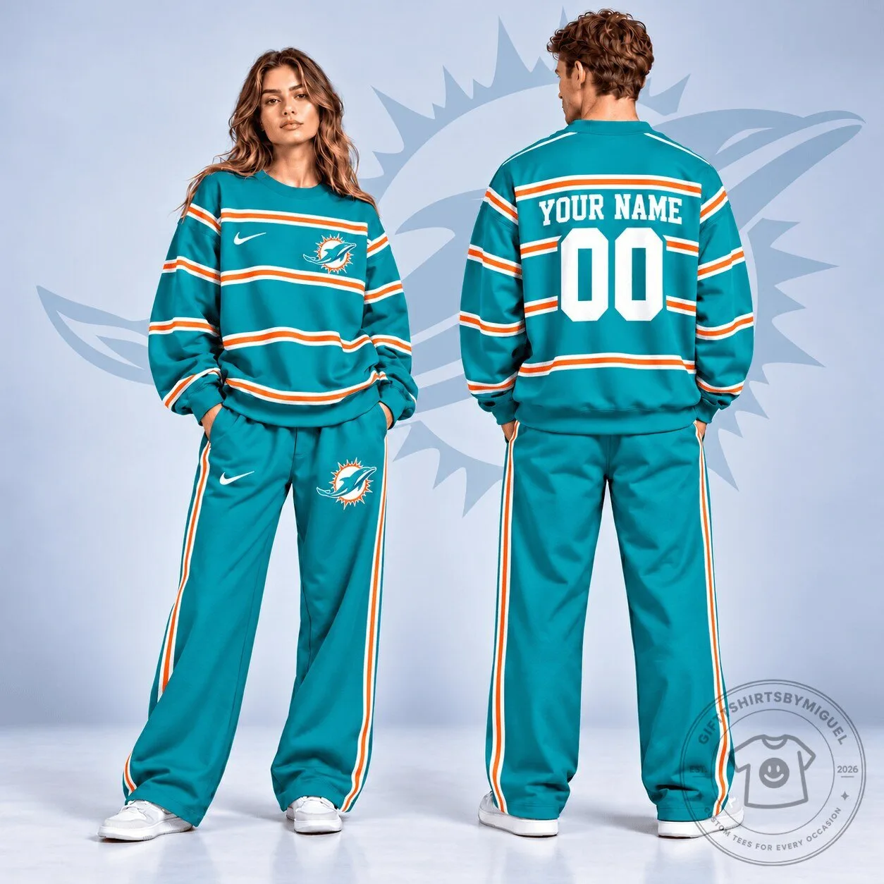Miami Dolphins NFL Team Personalized Teal Sweatshirt and Wide Leg Pants Set