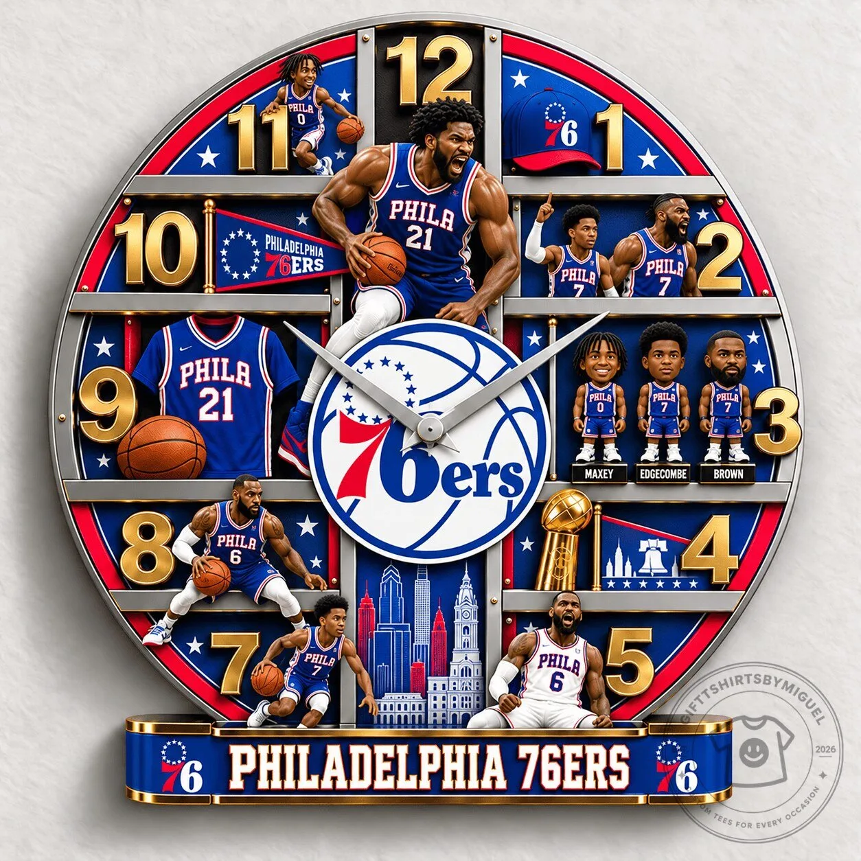 Philadelphia 76ers NBA Basketball Team Logo and Player Art Wall Clock