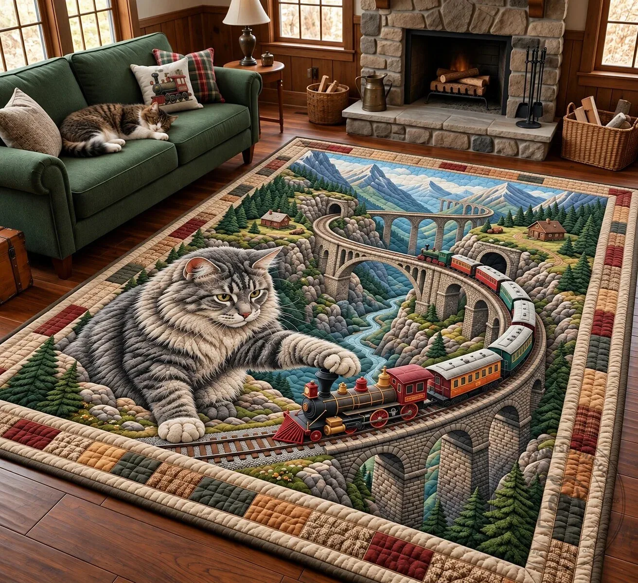 Giant Cat Playing With Miniature Train Set Mountain Landscape Area Rug