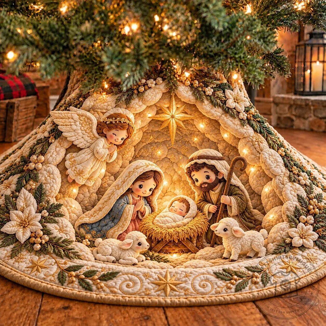 Christmas Nativity Scene Quilted Tree Skirt with Holy Family and Angels