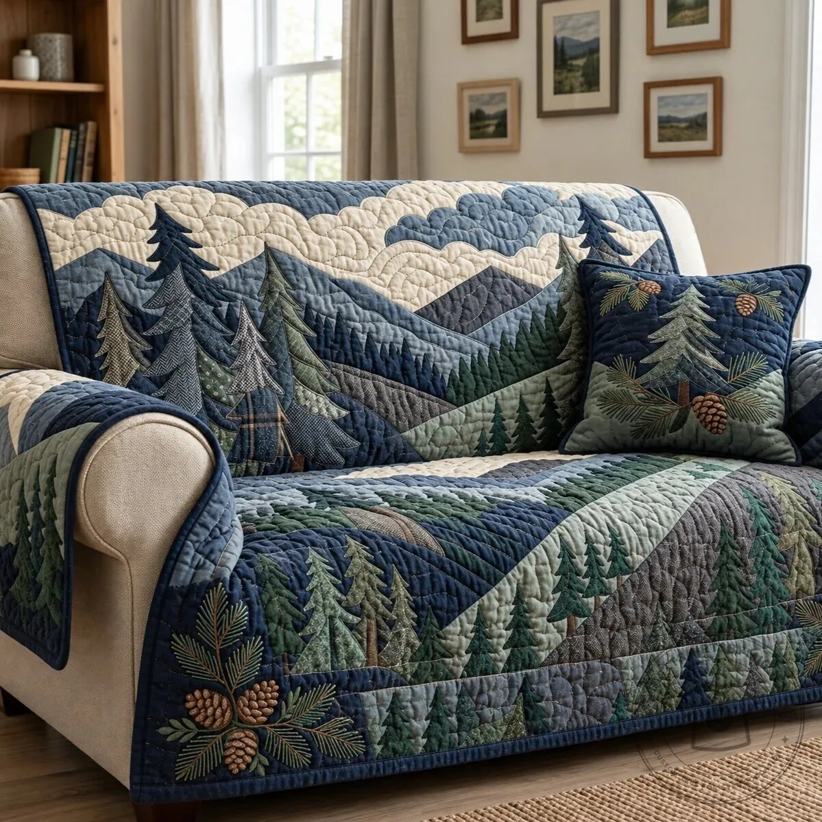 Blue Ridge Pine Tree Patchwork Quilted Sofa Cover Protector