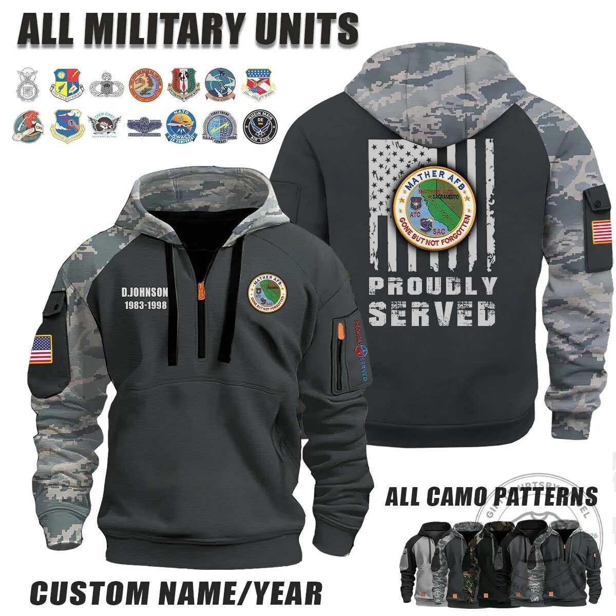 Mather Air Force Base Proudly Served Military Camouflage Half-Zip Hoodie
