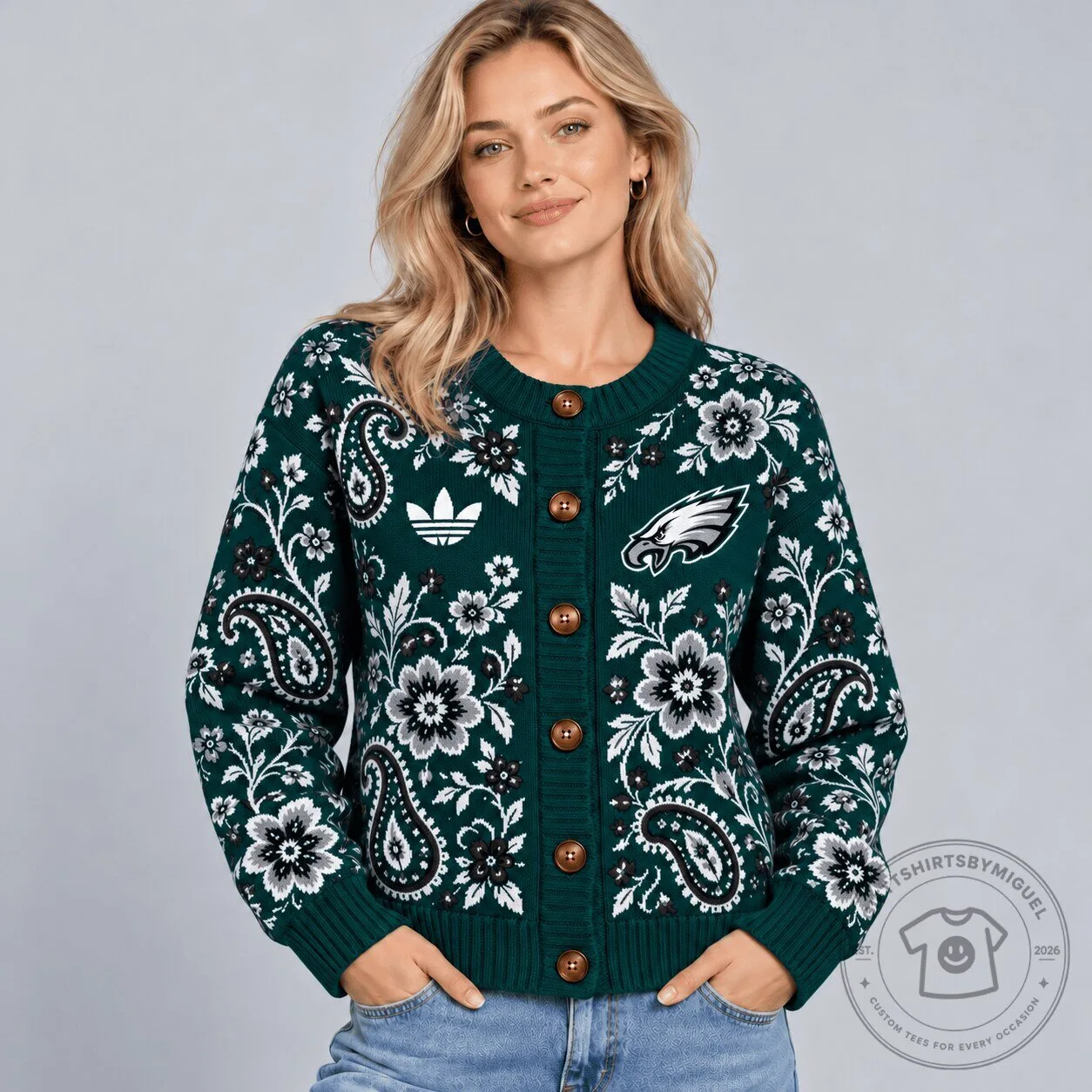 Philadelphia Eagles Women's Bohemian Paisley Floral Button-Up Cardigan Sweater