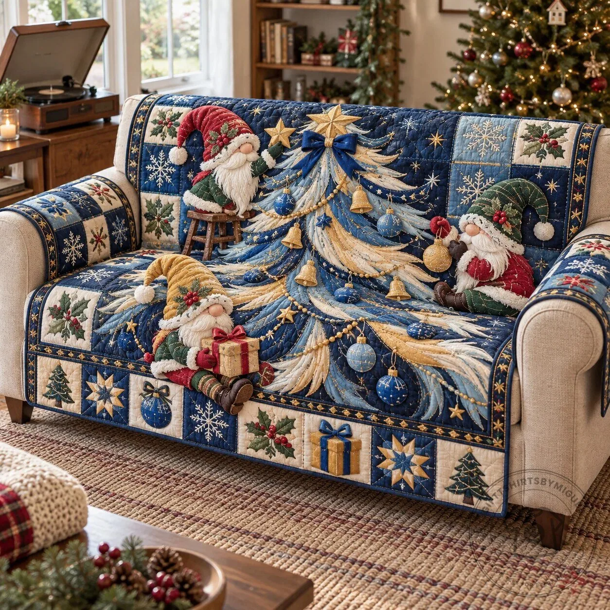 Christmas Gnomes Holiday Quilted Sofa Cover Protector