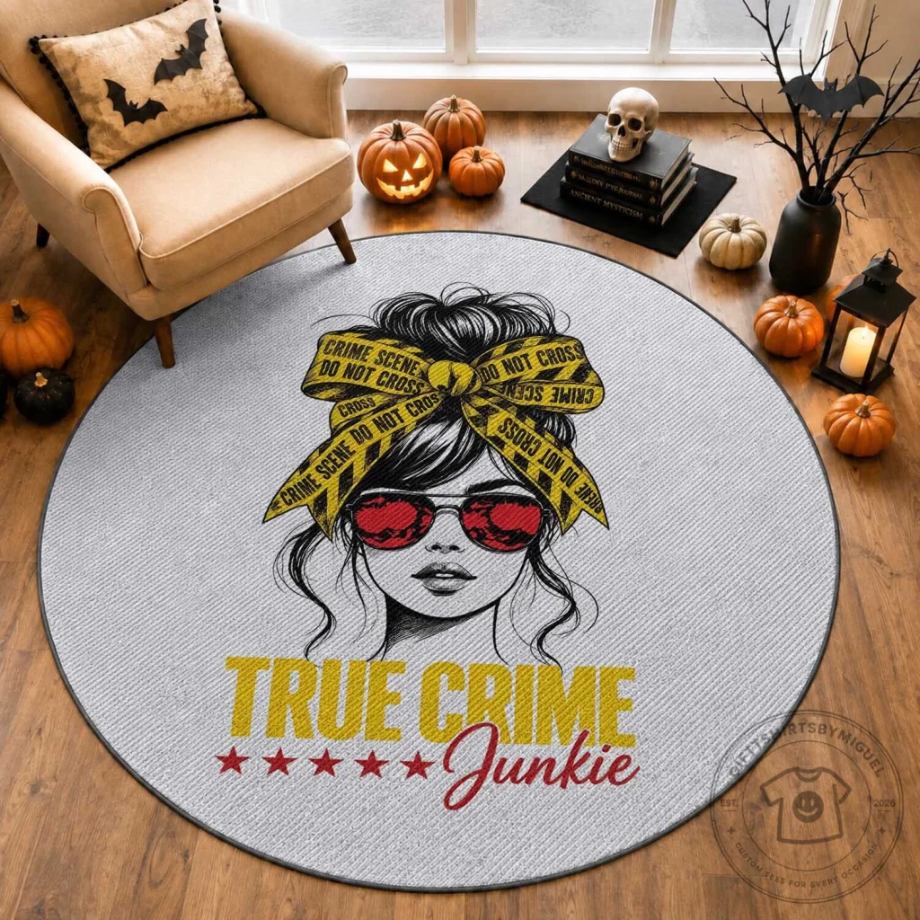 True Crime Junkie Messy Bun Crime Scene Do Not Cross Round Rug True Crime Junkie Messy Bun Crime Scene Do Not Cross Round Rug