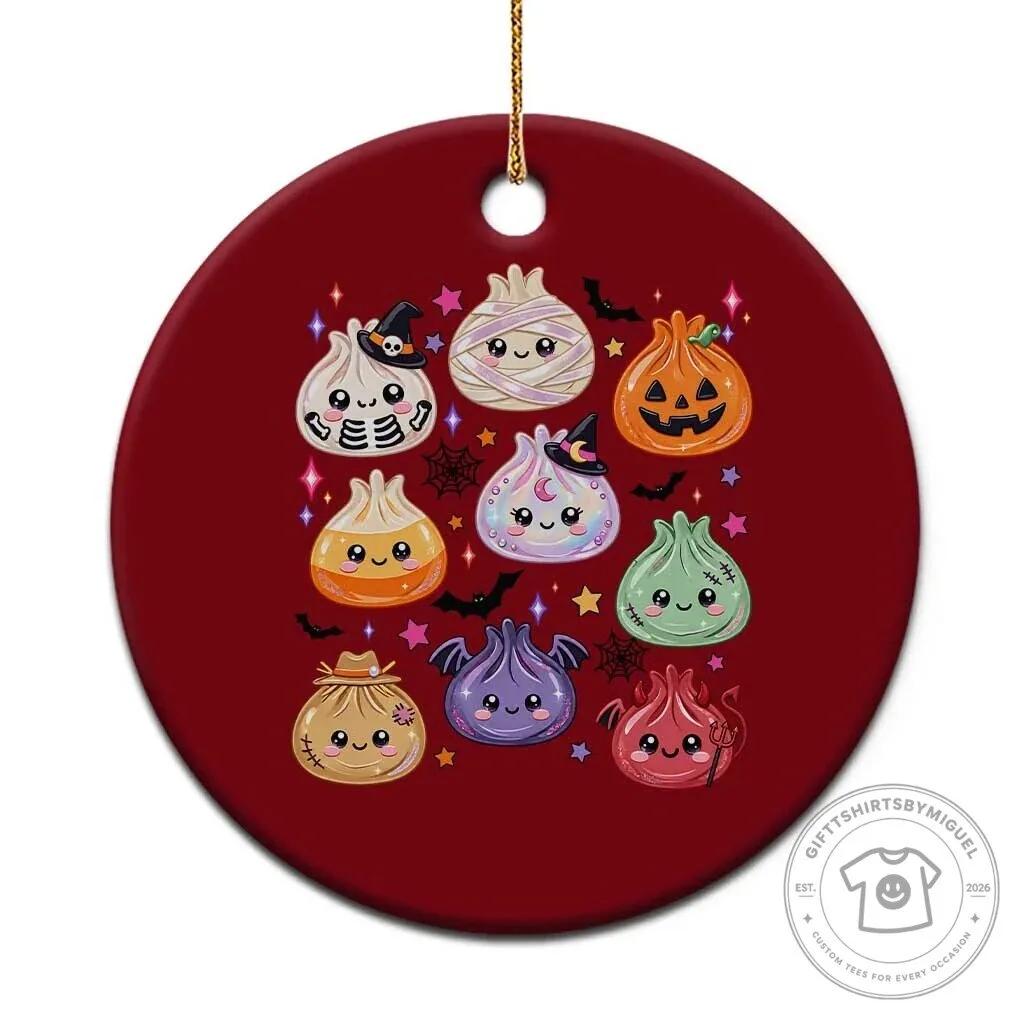 Kawaii Halloween Dumpling Characters Ceramic Round Christmas Tree Ornament