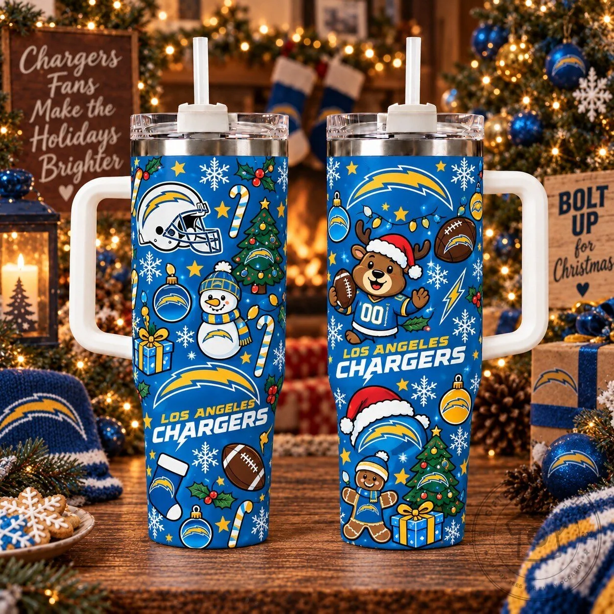 Los Angeles Chargers Christmas Holiday 40oz Tumbler with Handle and Straw