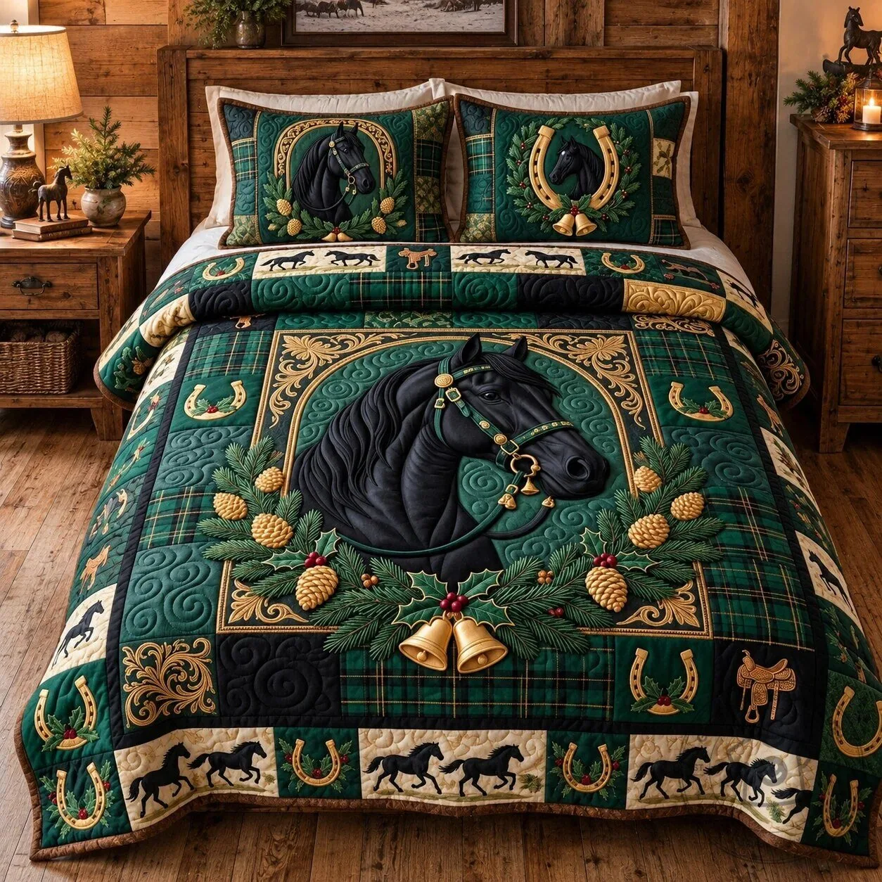 Western Horse Holiday Charm Quilted Bedding Set with Pillow Shams